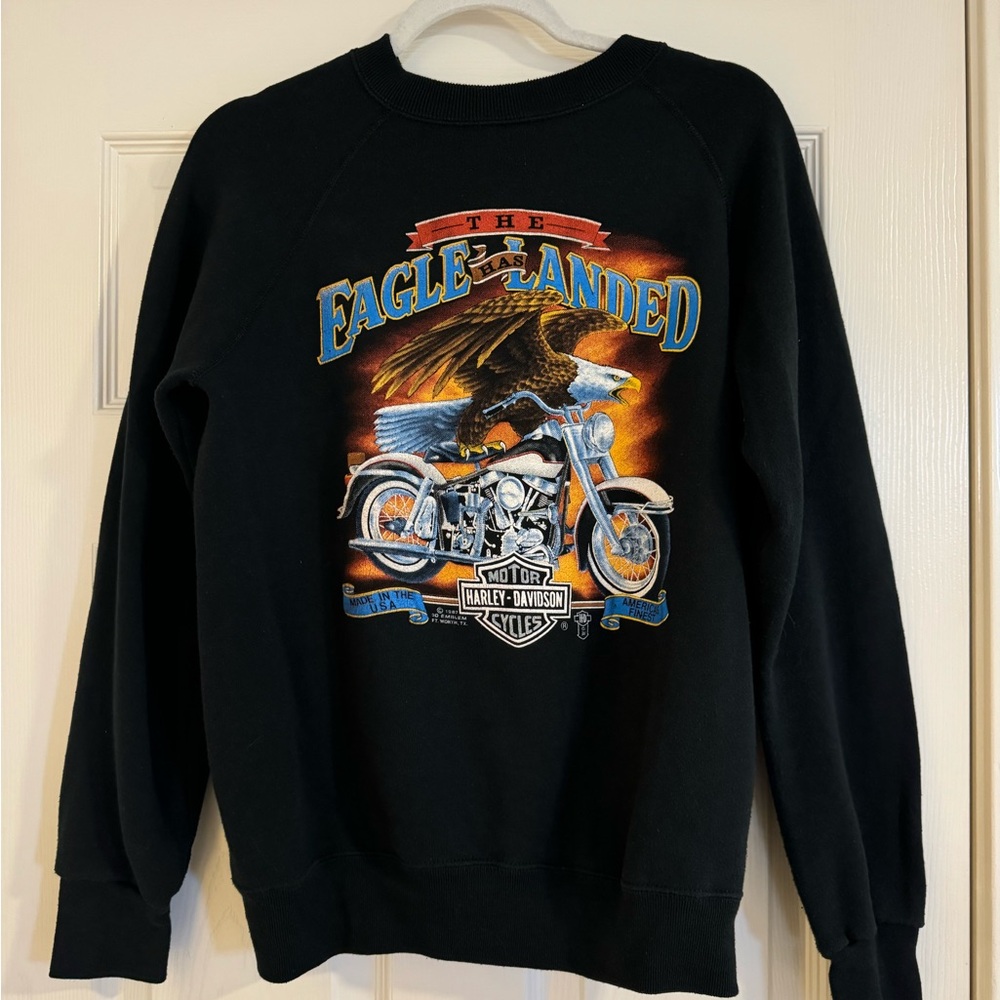 Harley-Davidson Black Crewneck Sweater with Vintage Motorcycle Graphic